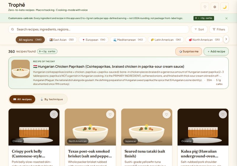 Trophe recipe grid showing 555 recipes with region tags, carb tier badges, and recipe of the day