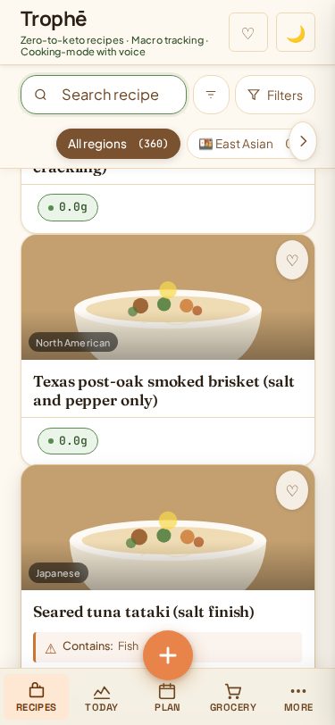 Trophe app showing recipe grid with Texas brisket, seared tuna tataki, and more