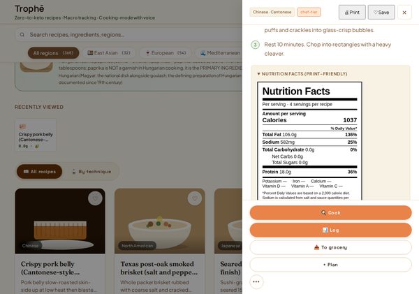 Trophe Nutrition Facts panel showing calories, fat, sodium, carbs, sugar, and protein with percent daily values