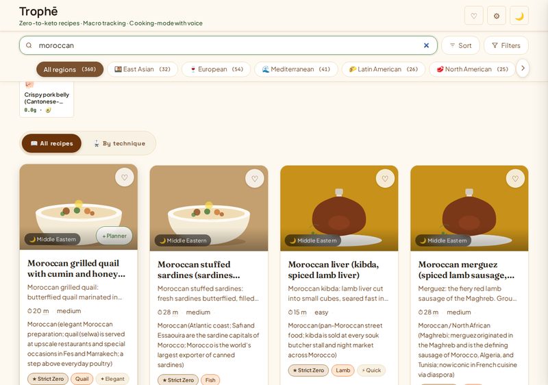Trophe search results showing Moroccan grilled quail, stuffed sardines, liver, and merguez recipes
